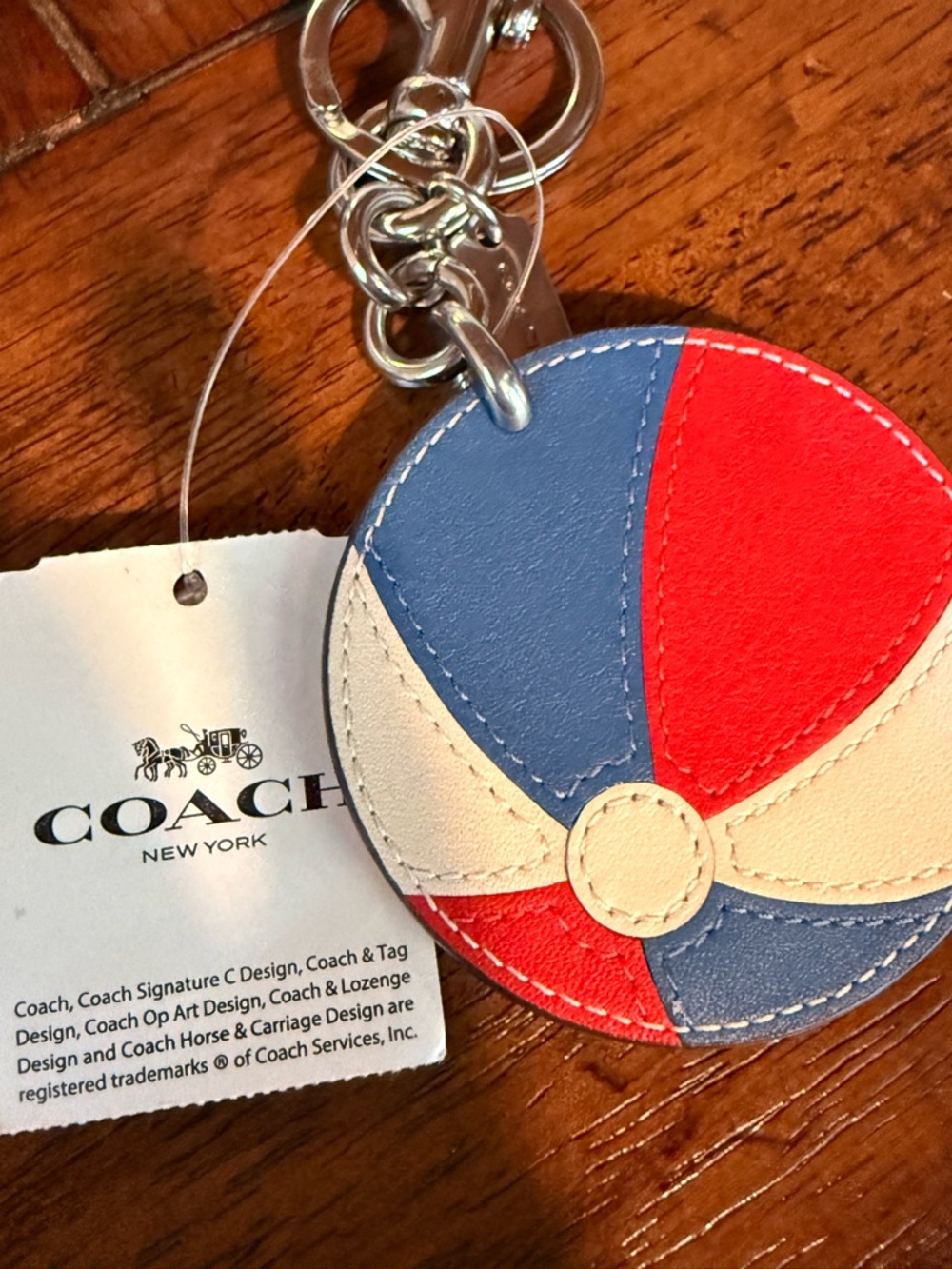 Coach Round Beachball Leather Keychain in Blue, Red & Cream